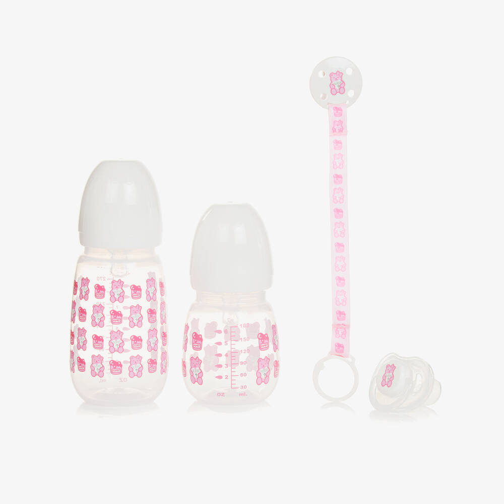 Guess - Pink Teddy Bear Bottle & Dummy Set | Childrensalon