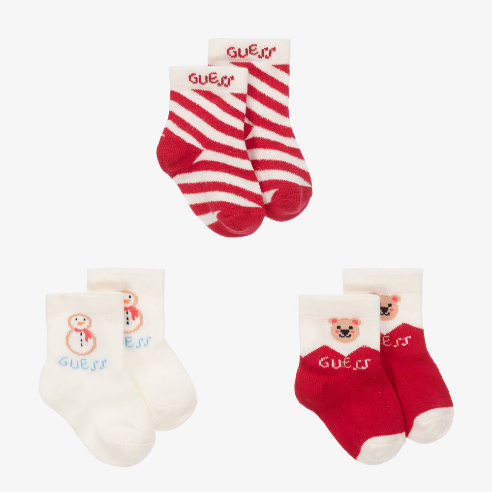 Guess - Red & Ivory Cotton Baby Socks (3 Pack) | Childrensalon