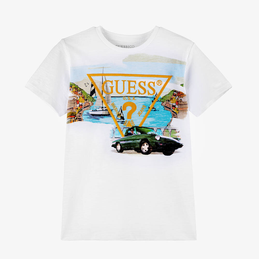 Guess - Teen Boys White Cotton Car T-Shirt | Childrensalon