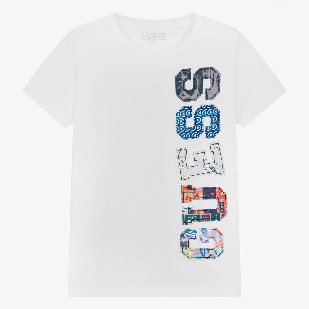 Guess - Teen Boys White Cotton Patchwork T-Shirt | Childrensalon