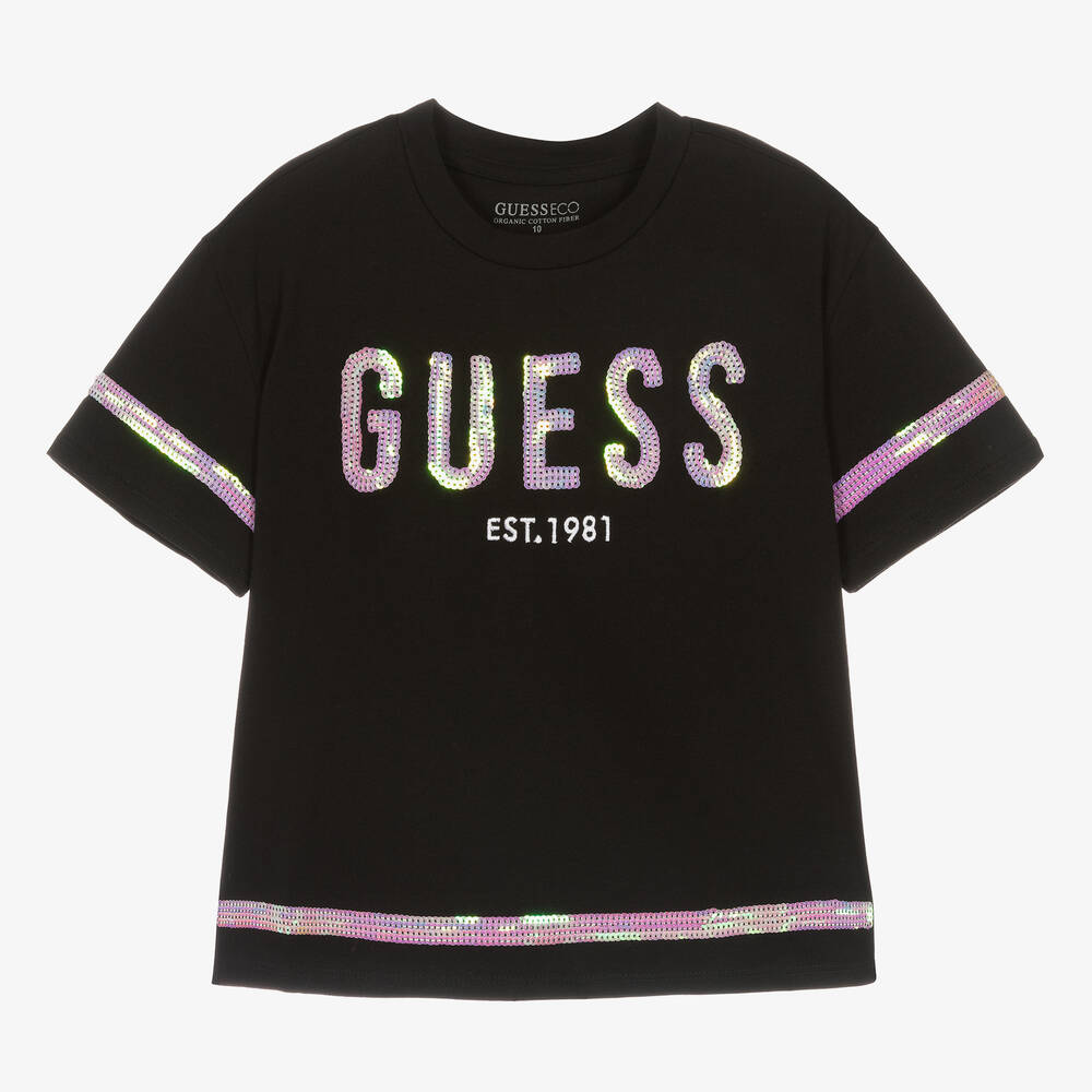 Guess - تيشيرت تينز بناتي قطن عضوي لون أسود مزين بترتر | Childrensalon