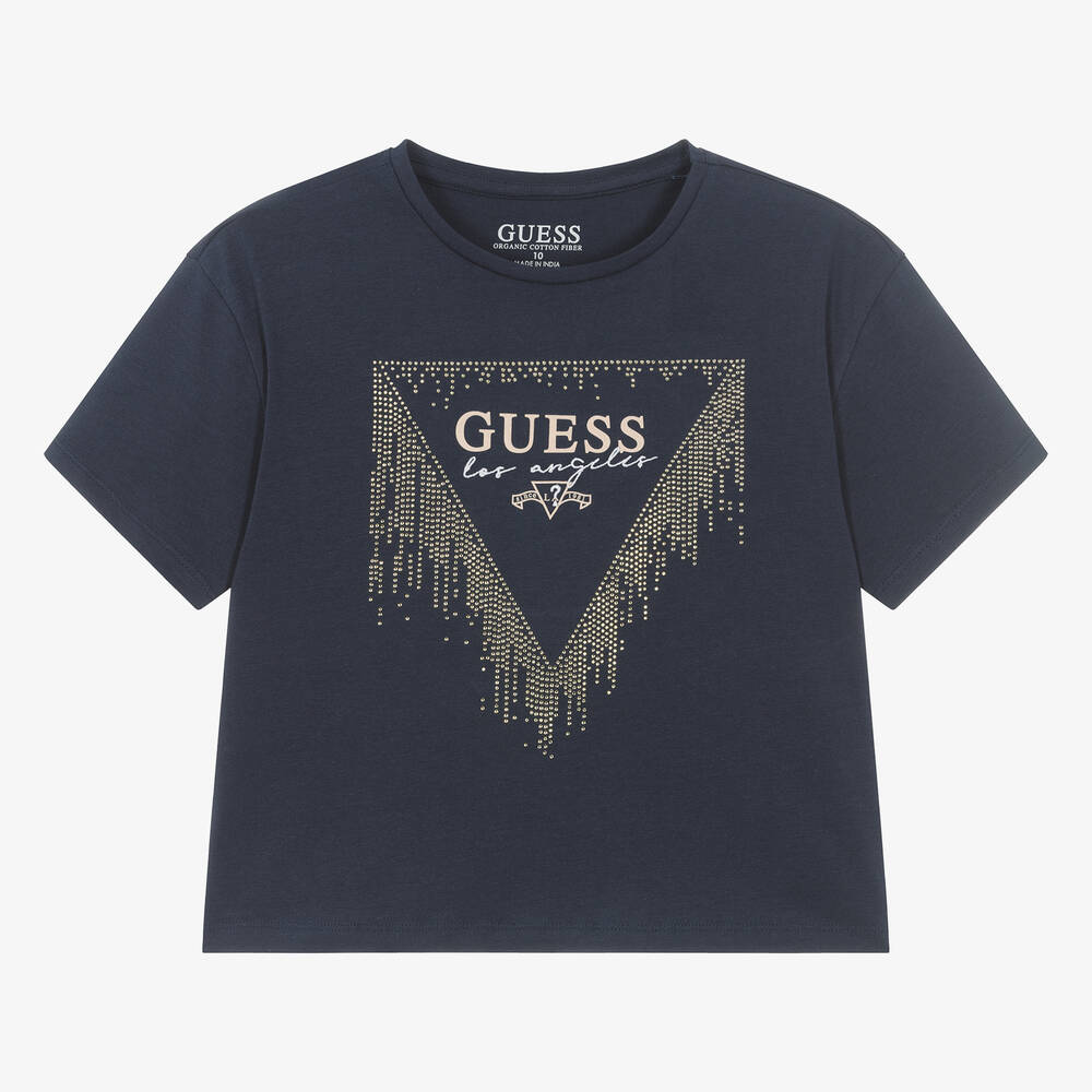 Guess - Синяя хлопковая футболка со стразами для девочек-подростков | Childrensalon