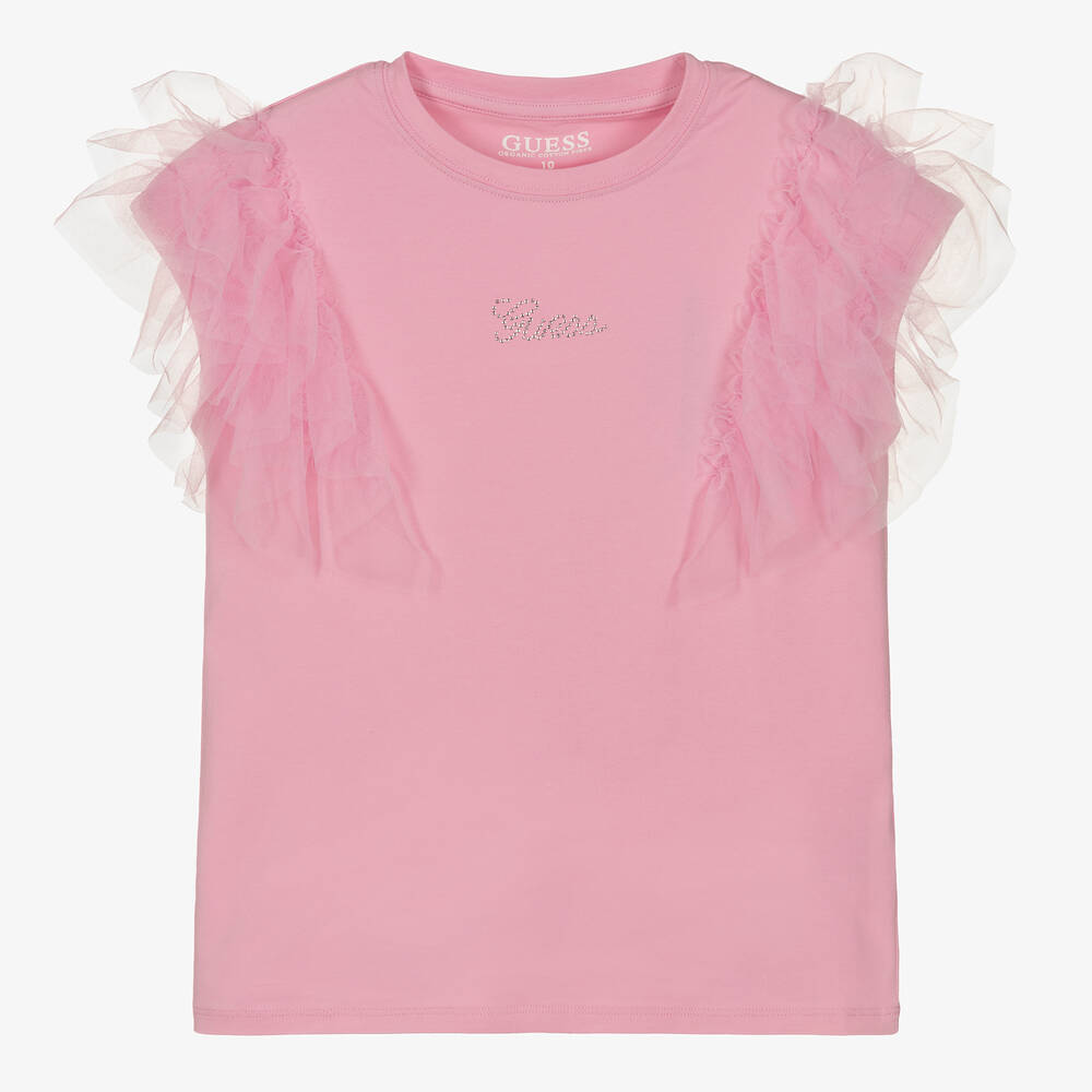 Guess - Розовая хлопковая футболка с рюшами для девочек-подростков  | Childrensalon