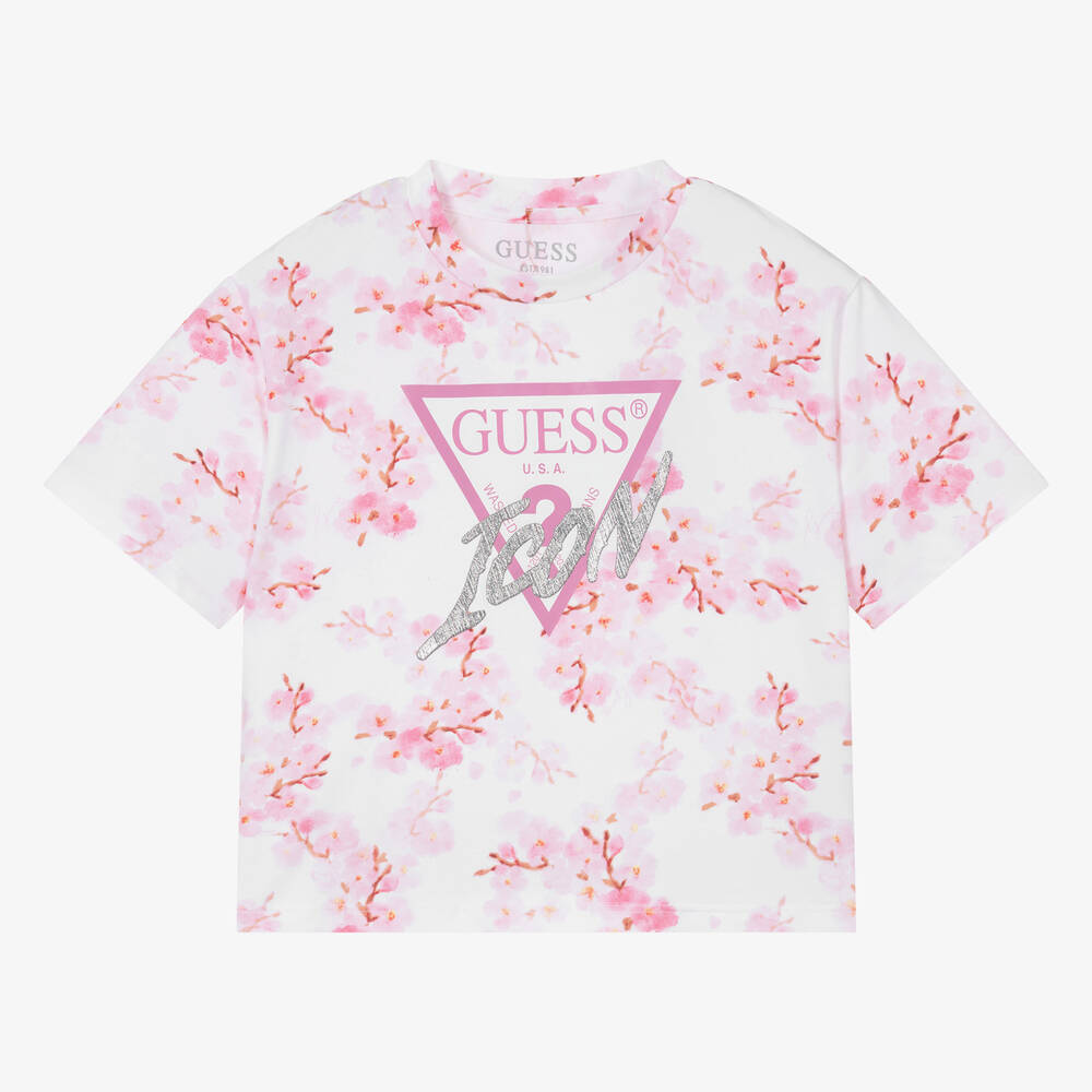 Guess - Розово-белая футболка из хлопка для девочек-подростков | Childrensalon