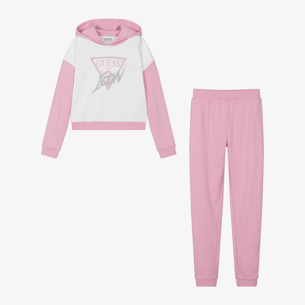 Guess - Teen Girls Pink & White Cotton Tracksuit | Childrensalon