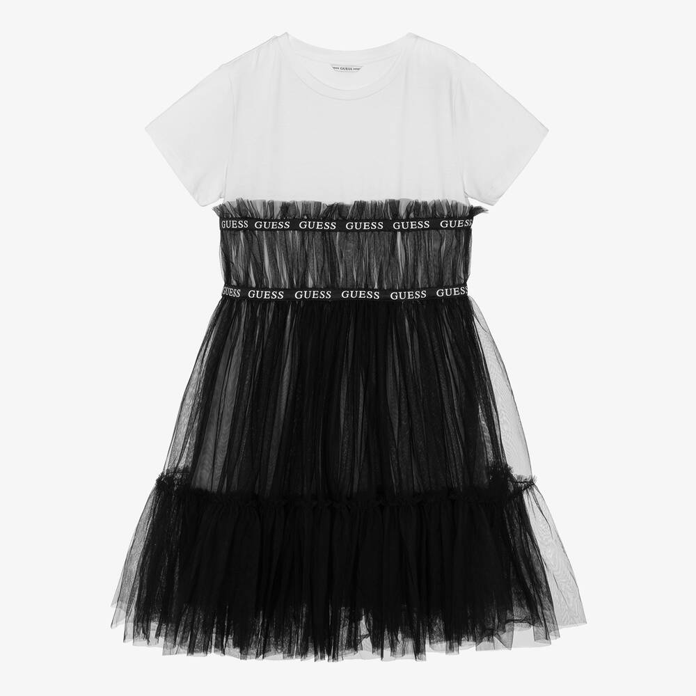 Guess - Teen Girls White & Black Cotton & Tulle Dress | Childrensalon