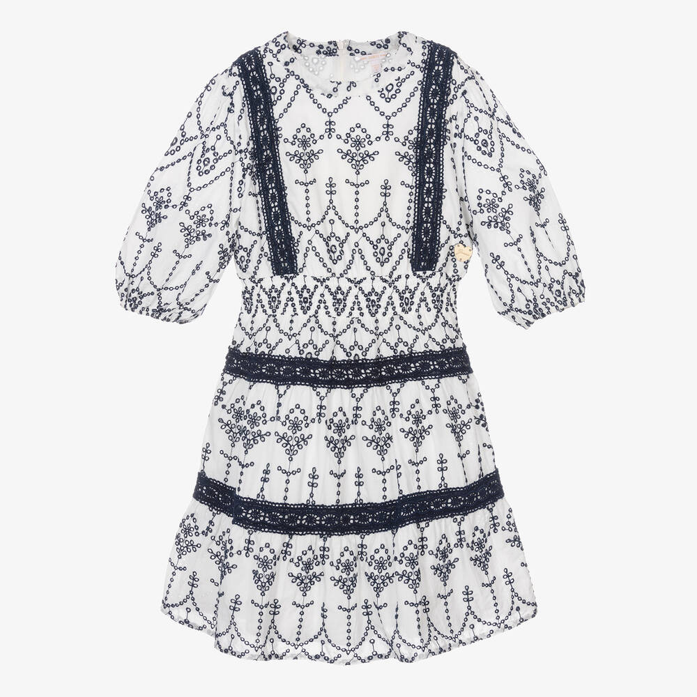 Guess - Teen Girls White & Blue Cotton Broderie Dress | Childrensalon
