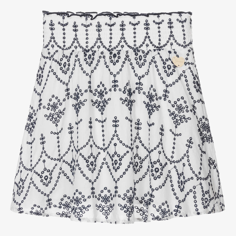 Guess - Teen Girls White & Blue Cotton Broderie Skirt | Childrensalon