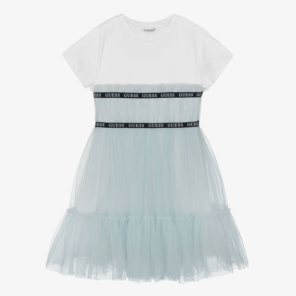 Guess - Бело-голубое платье из хлопка и тюля для подростков | Childrensalon