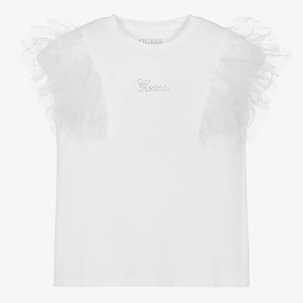 Guess - T-shirt blanc en coton à volants ado  | Childrensalon