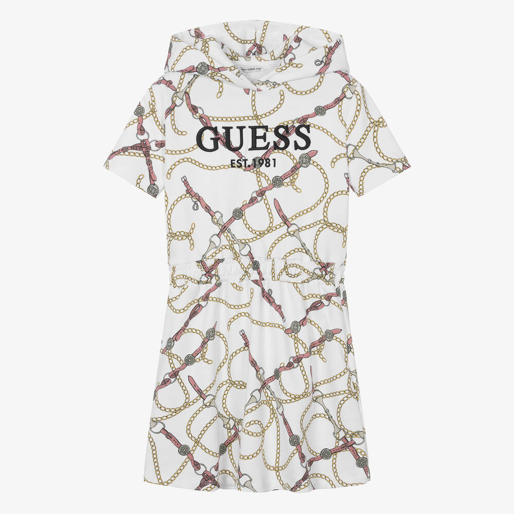 Guess - فستان هودي قطن جيرسي لون أبيض للمراهقات | Childrensalon