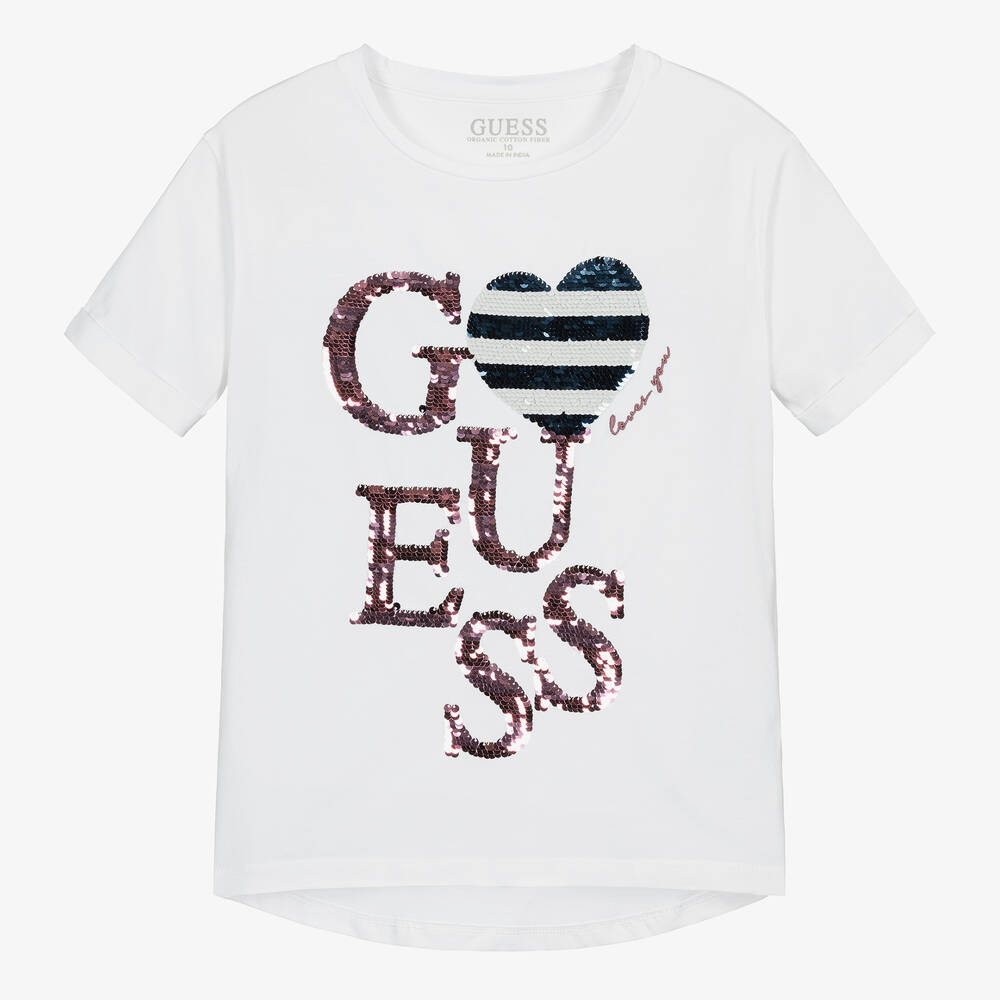 Guess - Teen Girls White Cotton Sequin T-Shirt | Childrensalon