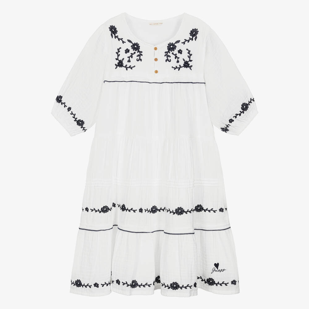 Shop Guess Teen Girls White Embroidered Cotton Dress