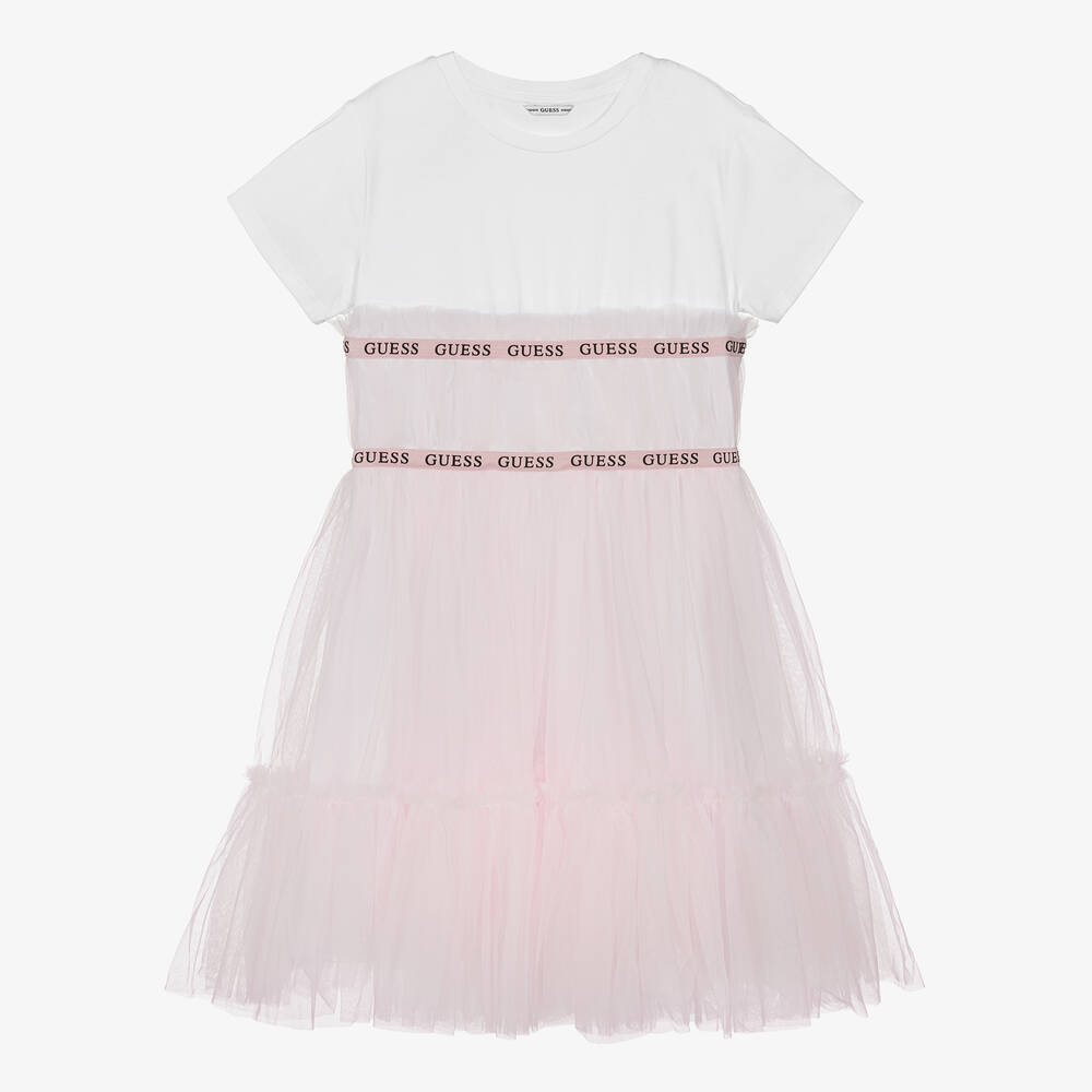 Guess - Бело-розовое платье из хлопка и тюля для подростков | Childrensalon
