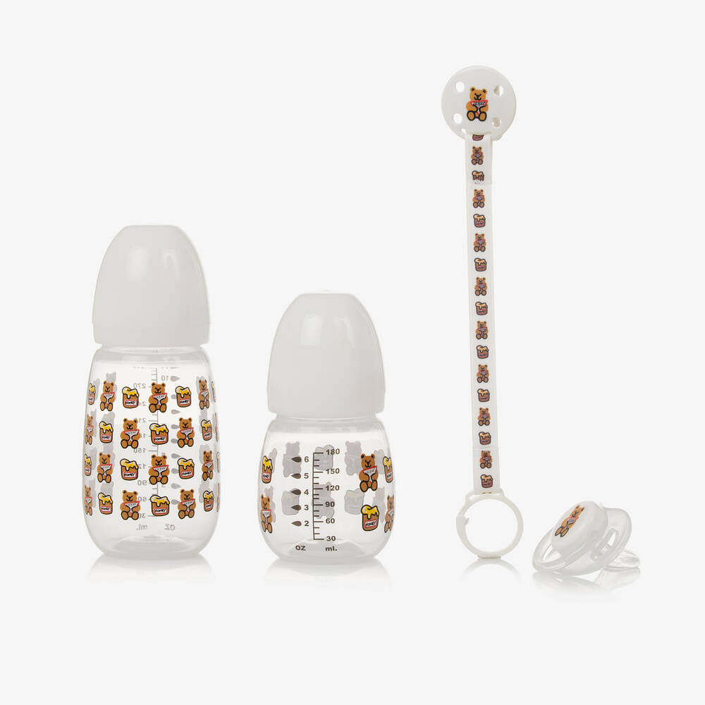 Guess - White Teddy Bear Bottle & Dummy Set | Childrensalon