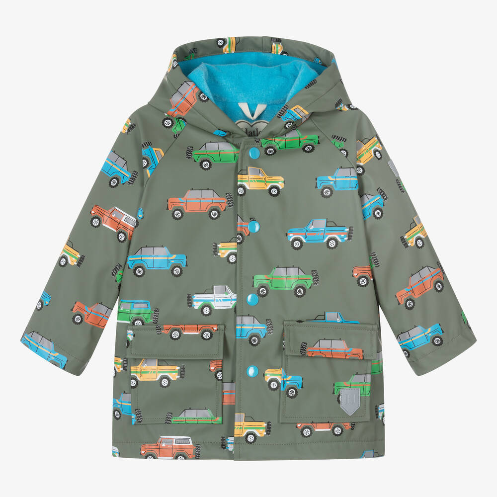 Hatley - Baby Boys Green Cars Hooded Raincoat | Childrensalon