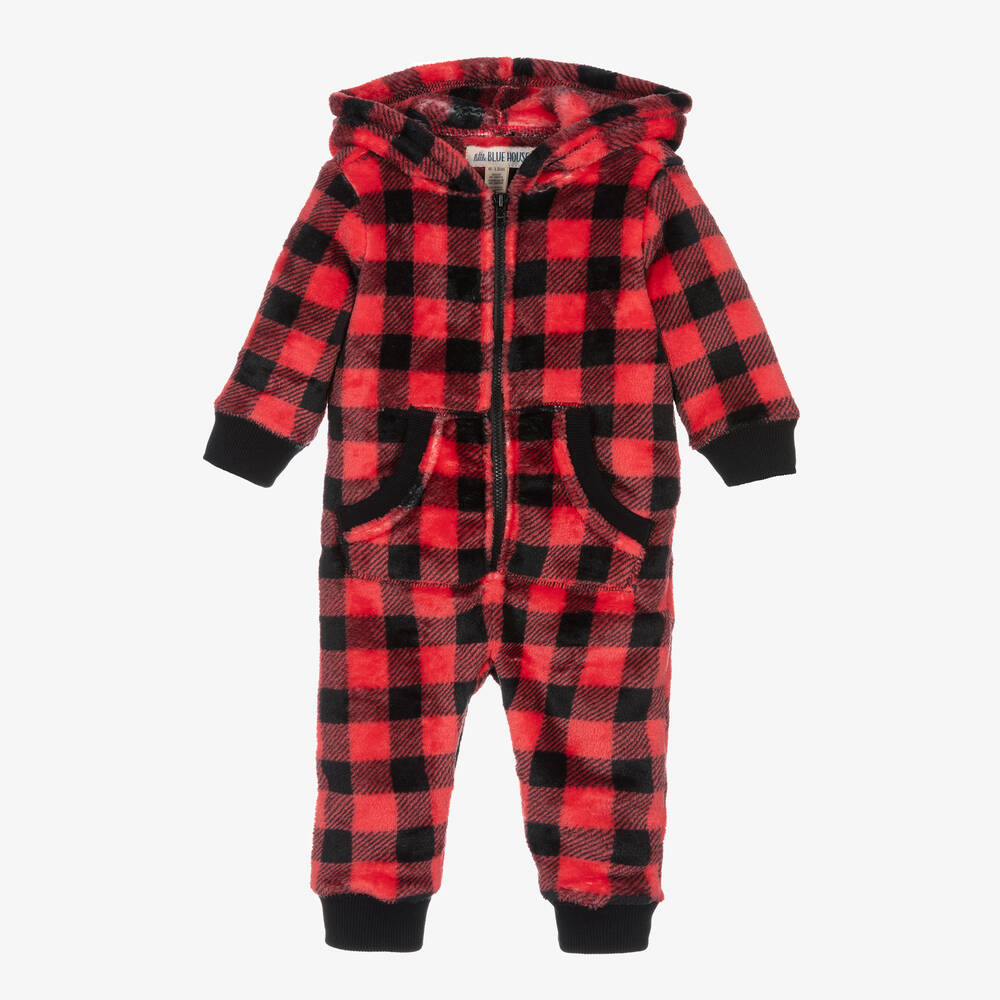 Hatley - Baby Red Check Fleece Hooded Onesie | Childrensalon