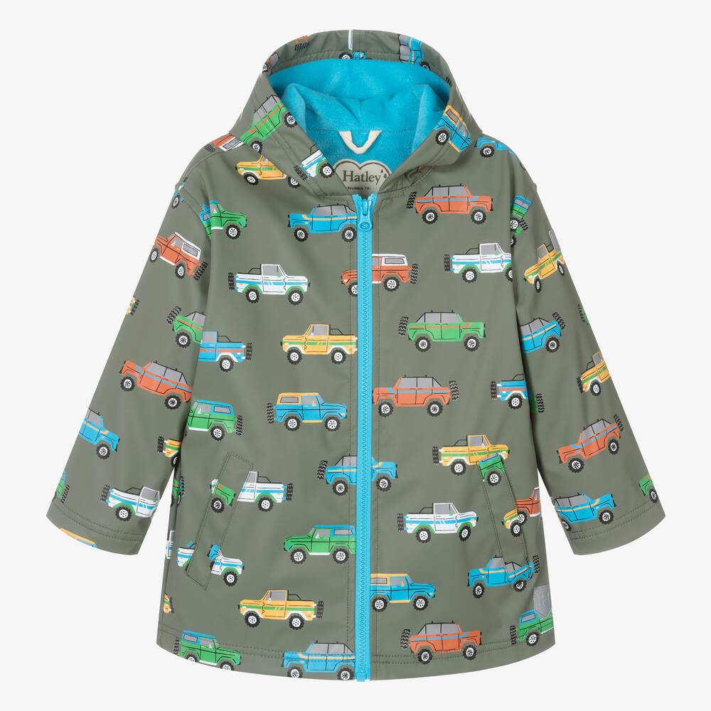 Hatley - Boys Green Cars Hooded Raincoat | Childrensalon