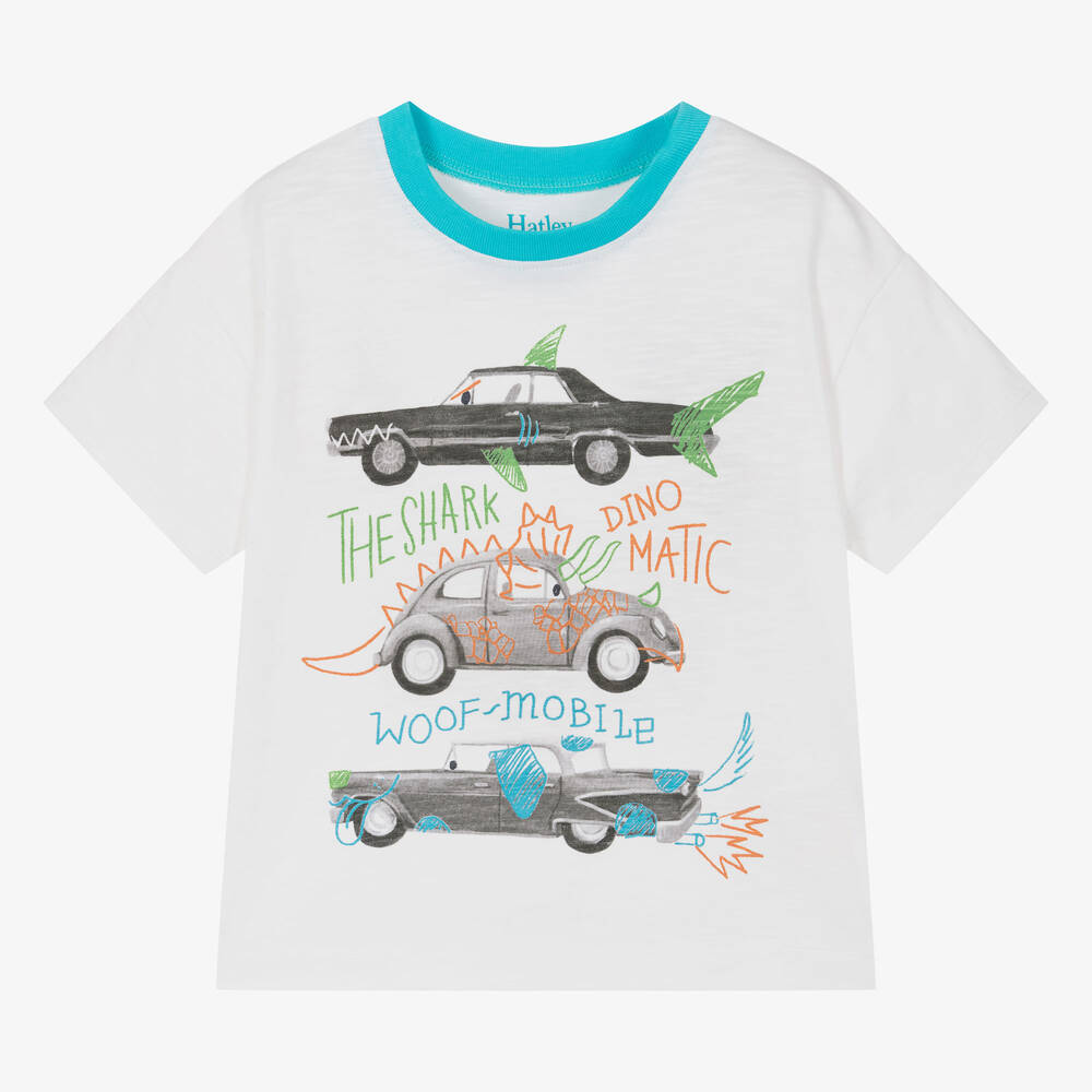 Hatley - Boys White Cotton Crazy Cars T-Shirt | Childrensalon
