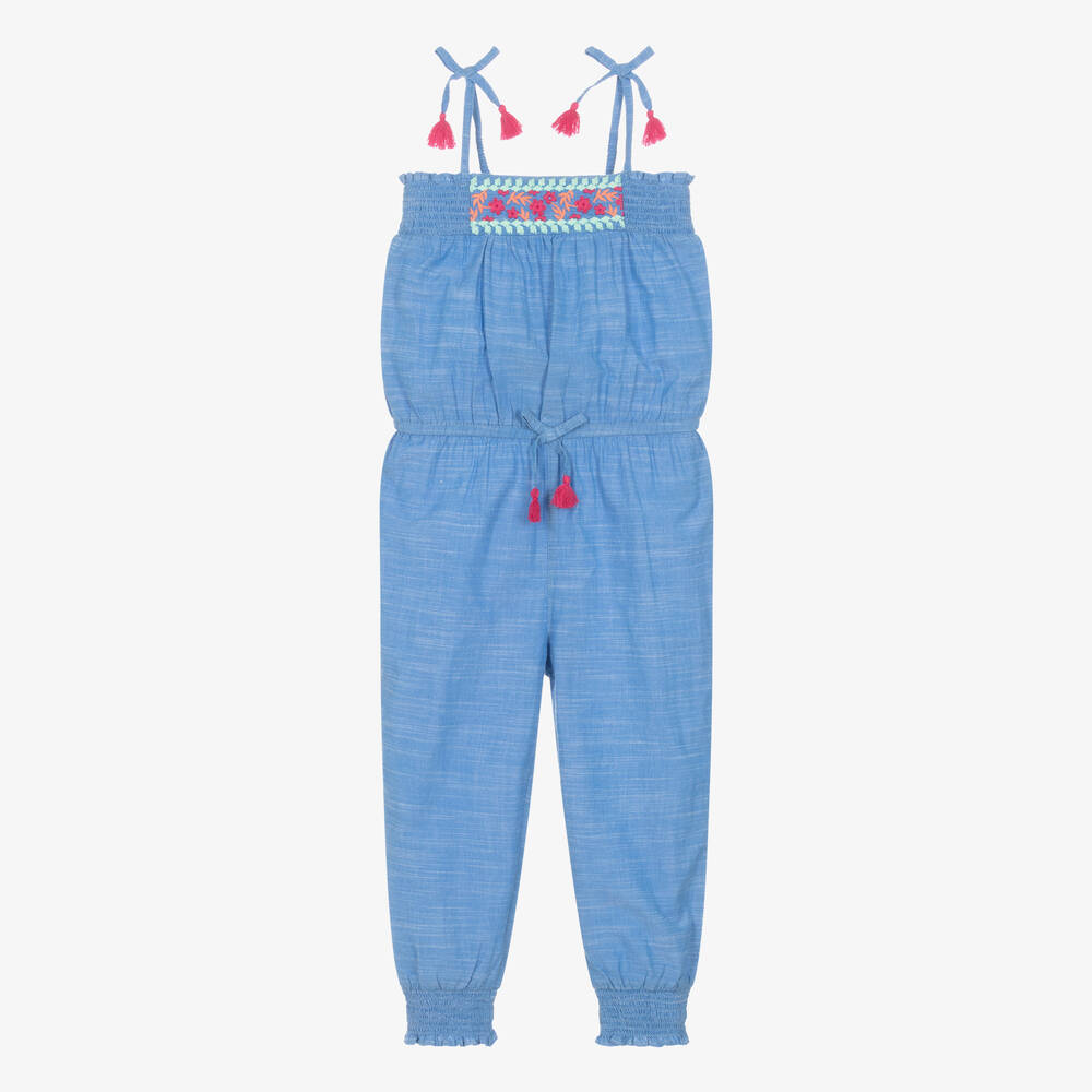 Hatley - Girls Blue Embroidered Cotton Jumpsuit | Childrensalon