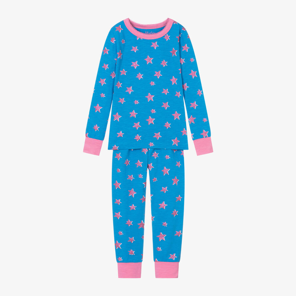 Hatley - Girls Blue Glitter Stars Cotton Pyjamas | Childrensalon