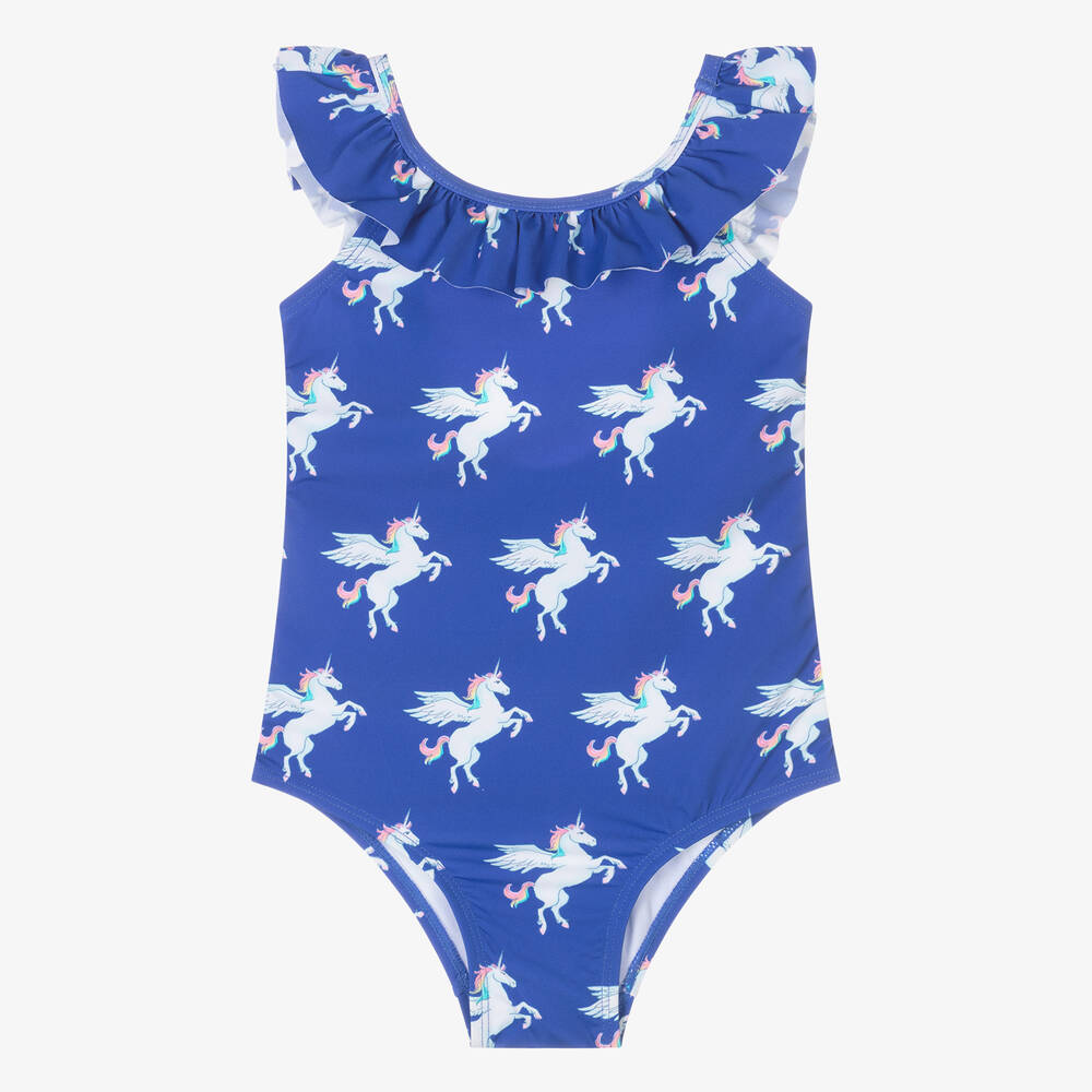 Hatley - Girls Blue Unicorn Swimsuit (UPF50+) | Childrensalon