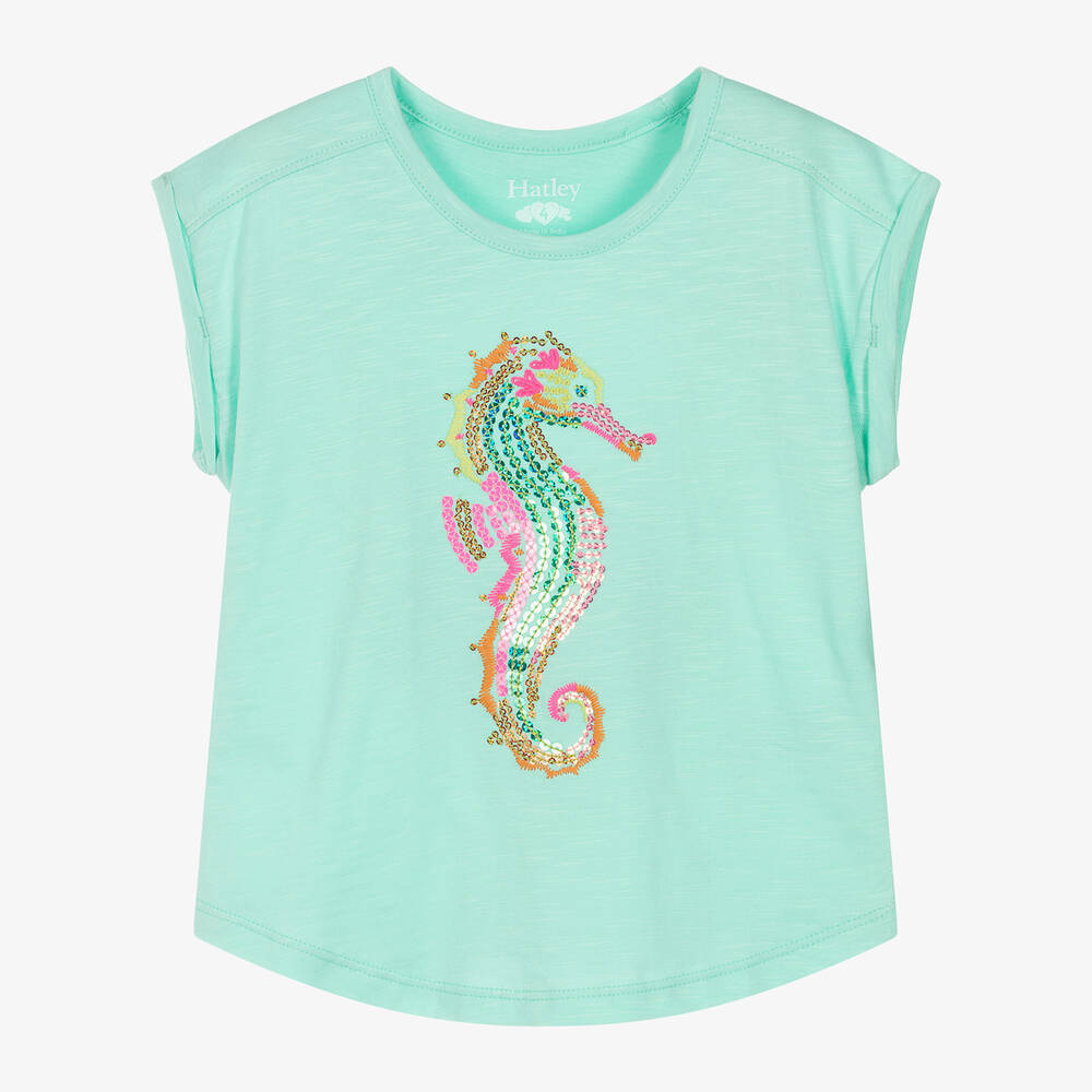 Hatley - Girls Green Cotton Sequin Sea Horse T-Shirt | Childrensalon