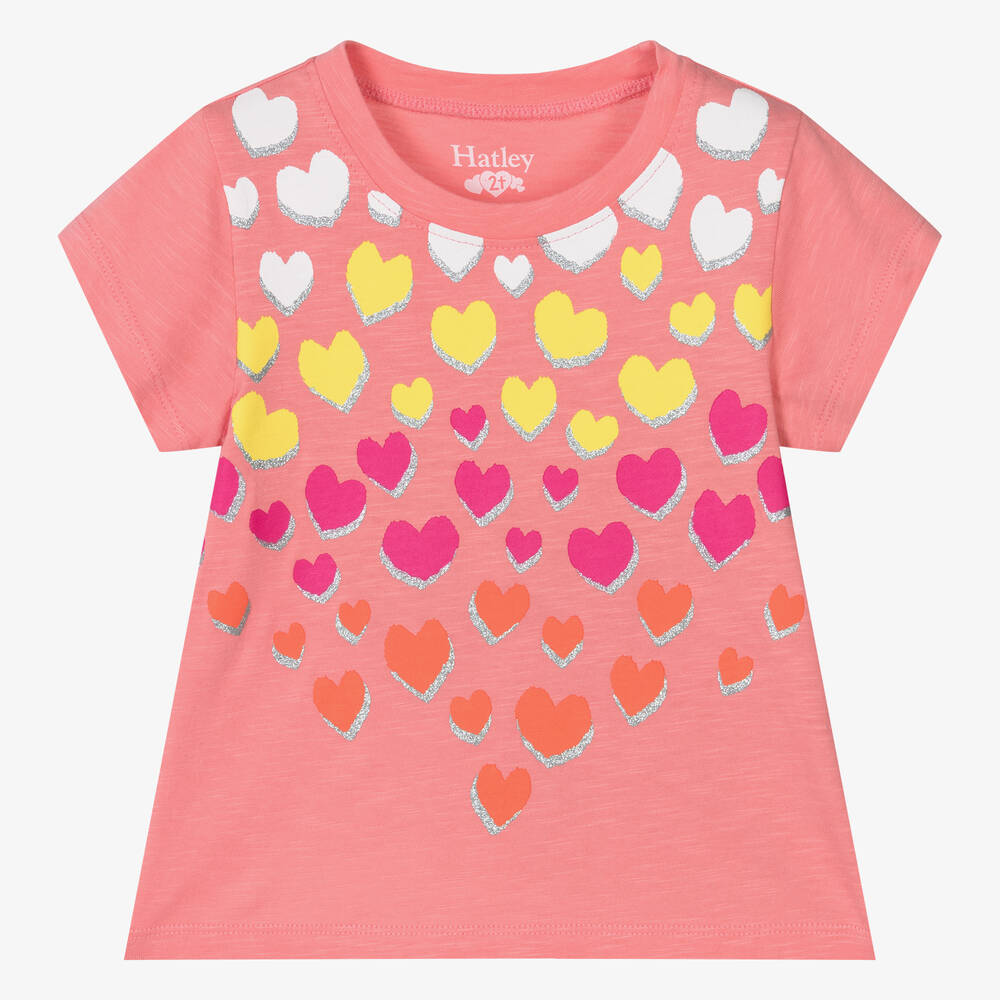 Hatley - Girls Pink Cotton Hearts T-Shirt | Childrensalon