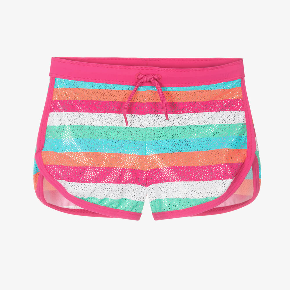 Hatley - Girls Pink Rainbow Stripe Swim Shorts | Childrensalon