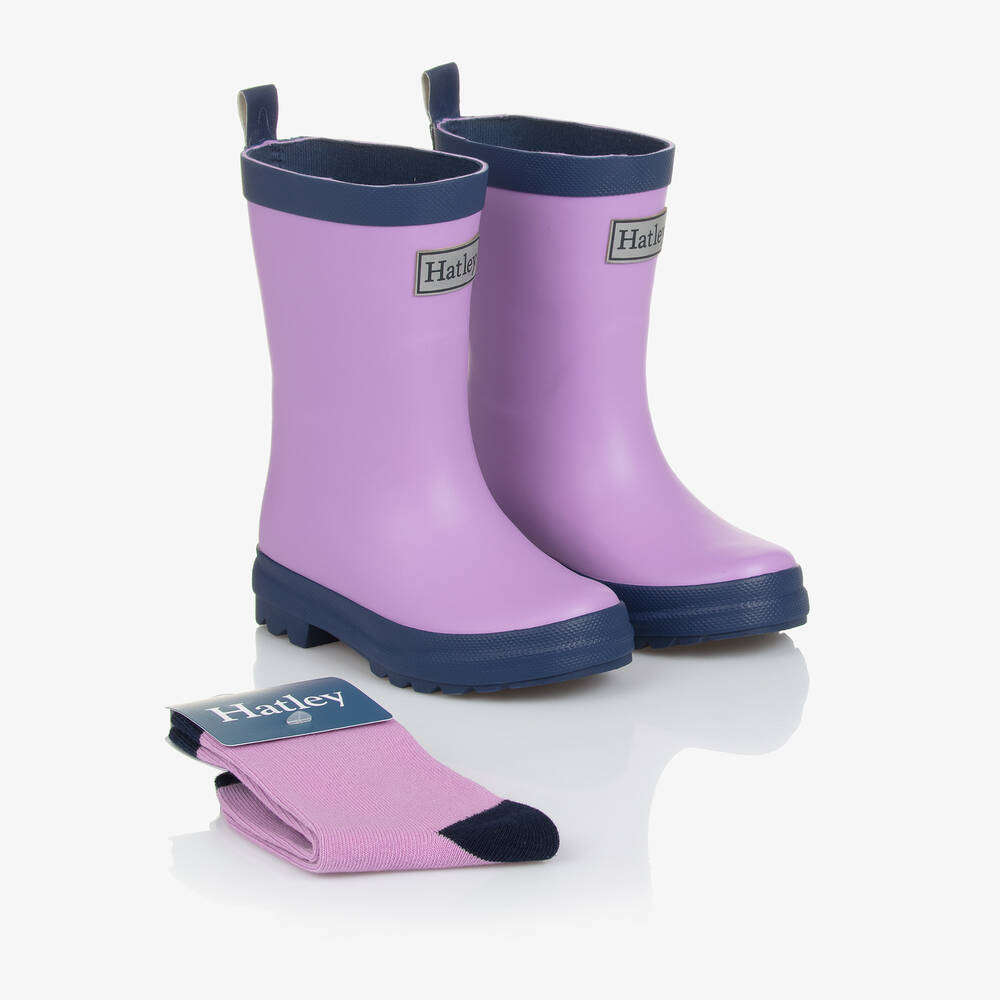 Little Blue House by Hatley - Girls Purple Rain Boots & Socks | Childrensalon