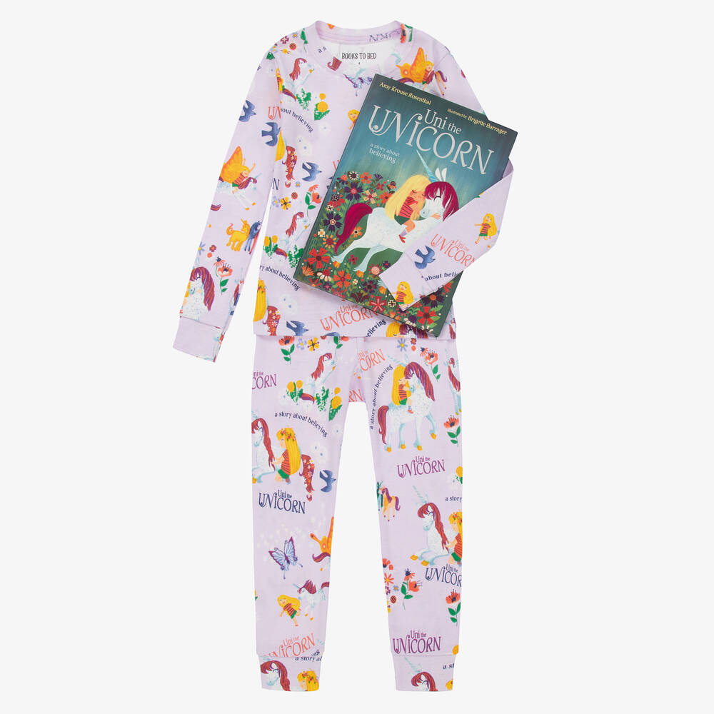 Hatley Books To Bed - طقم هدية كتاب وبيجاما قطن لون بنفسجي للبنات | Childrensalon
