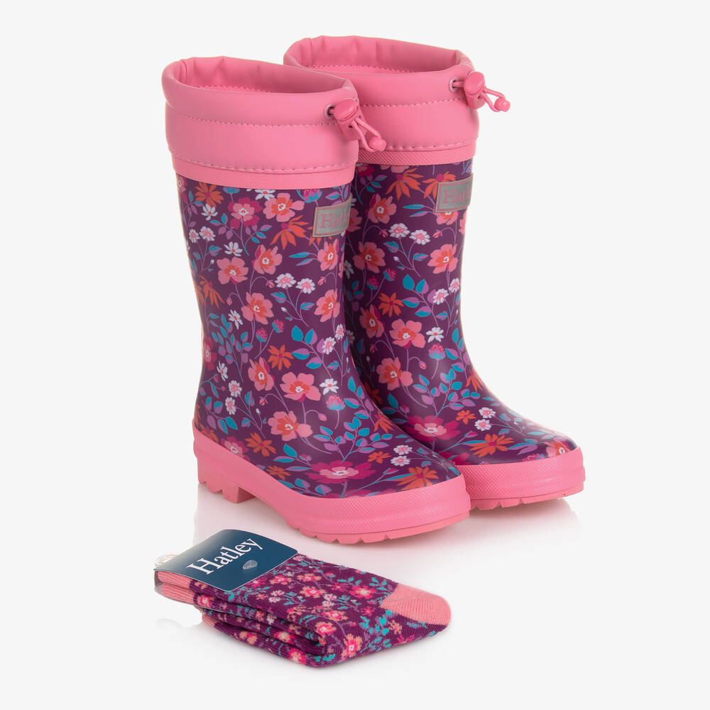 Hatley - Фиолетовые резиновые сапоги и носки с цветами | Childrensalon