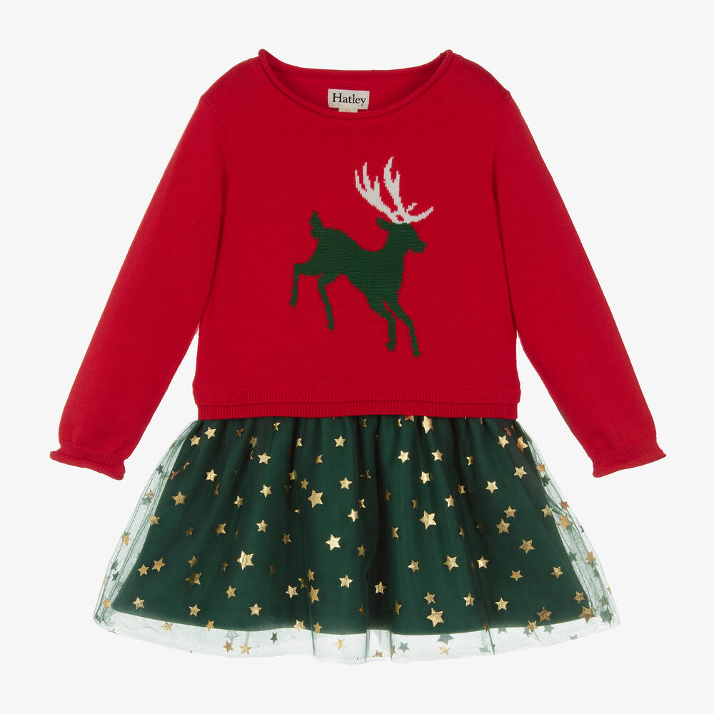 Hatley - Girls Red & Green Festive Deer Dress | Childrensalon