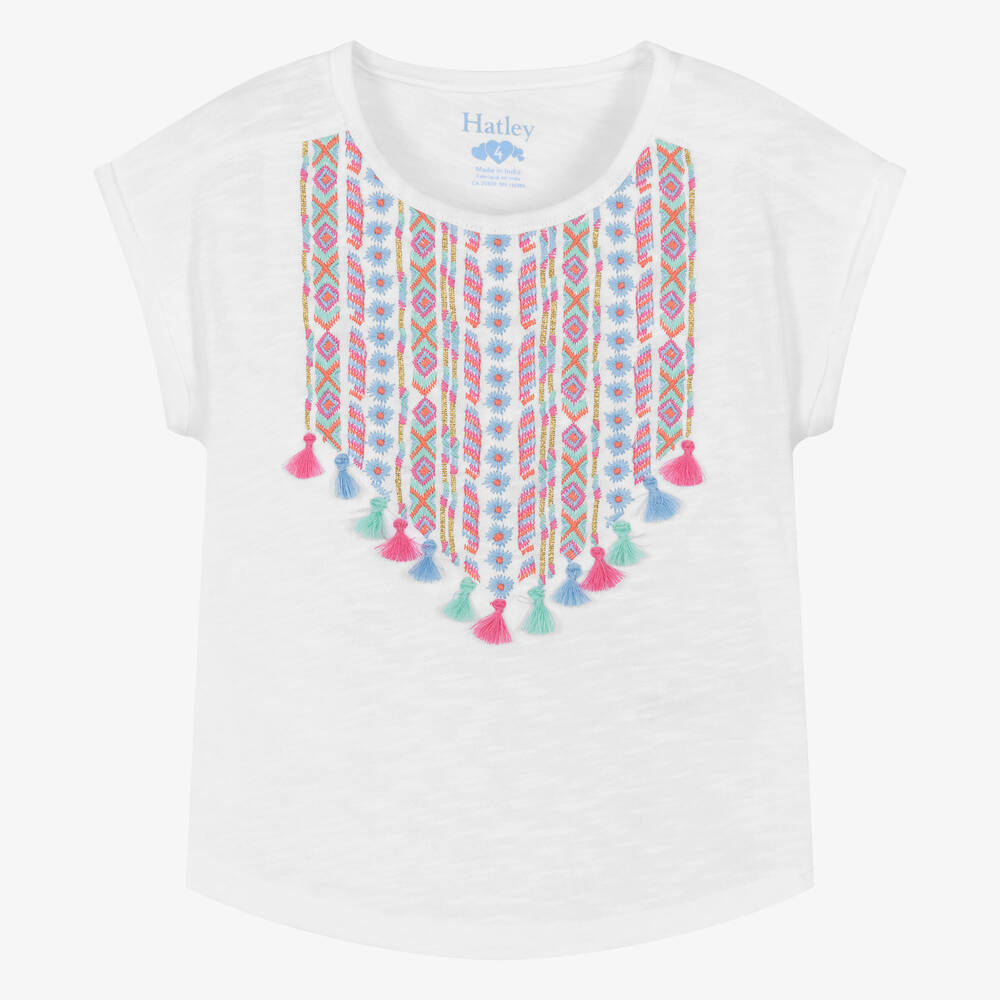Hatley - Girls White Embroidered Cotton T-Shirt | Childrensalon