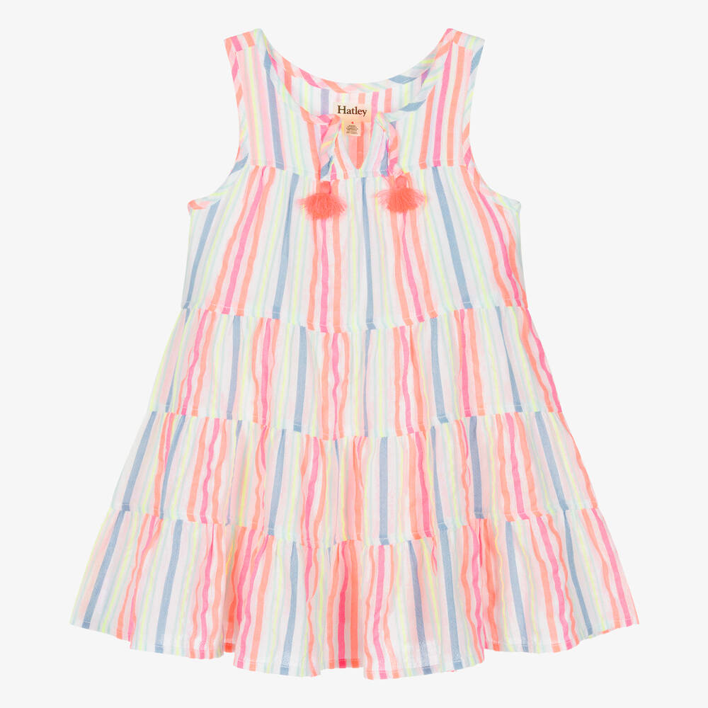 Hatley - Girls White & Neon Pink Cotton Tassel Dress | Childrensalon