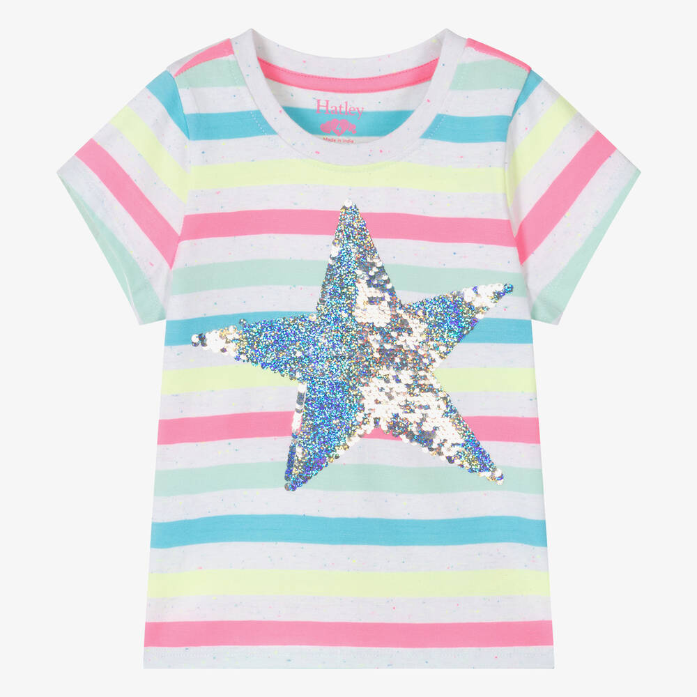 Hatley - Girls White Striped Cotton Star T-Shirt | Childrensalon