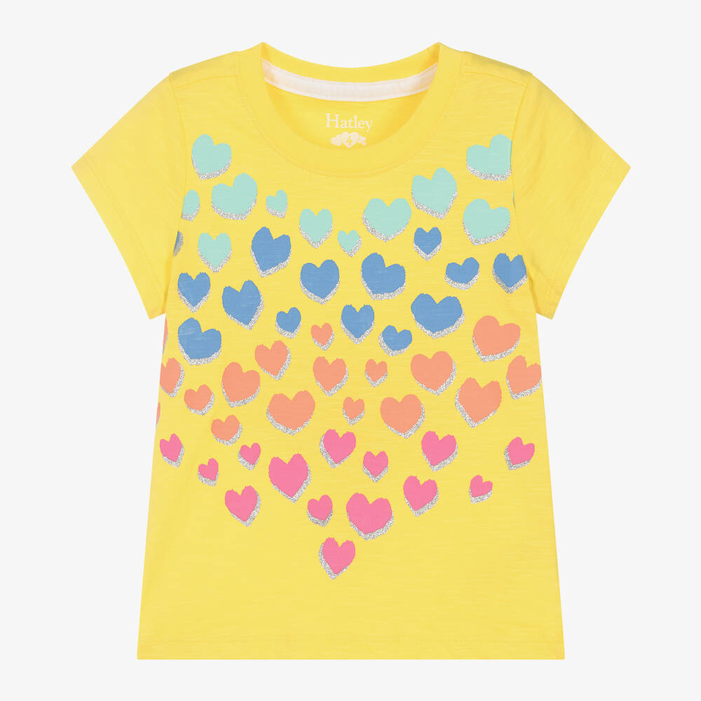 Hatley - Girls Yellow Cotton Hearts T-Shirt | Childrensalon
