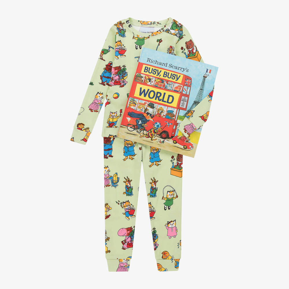 Hatley - Green Busy World Cotton Pyjamas & Book Set | Childrensalon