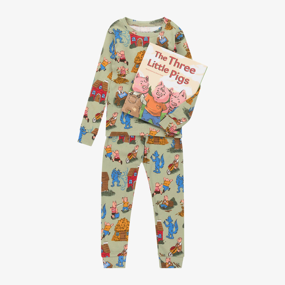 Hatley - Green Three Little Pigs Cotton Pyjamas & Book Set | Childrensalon