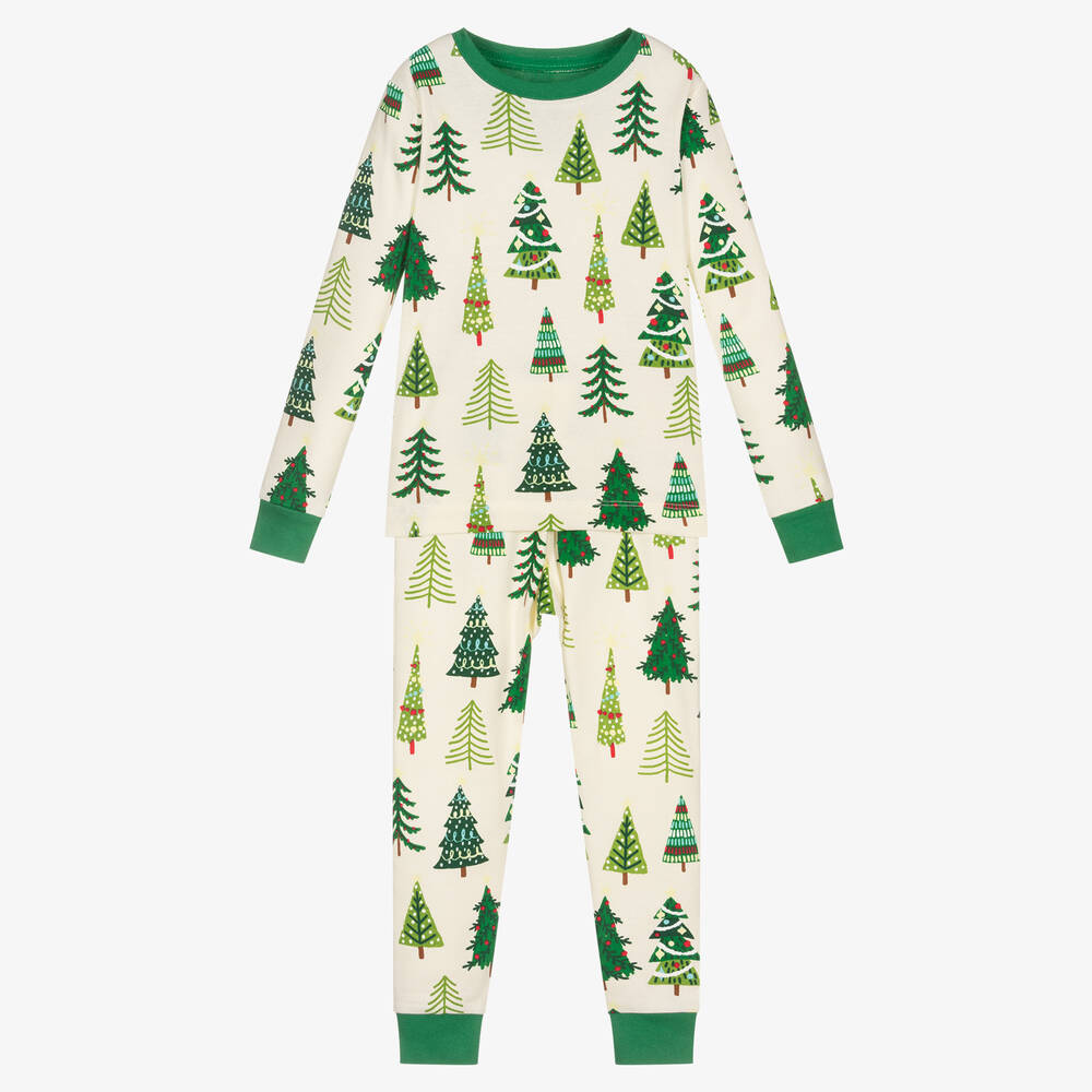 Hatley - Elfenbeinfarbener Pyjama mit Weihnachtsbaum-Motiven aus Baumwolle | Childrensalon