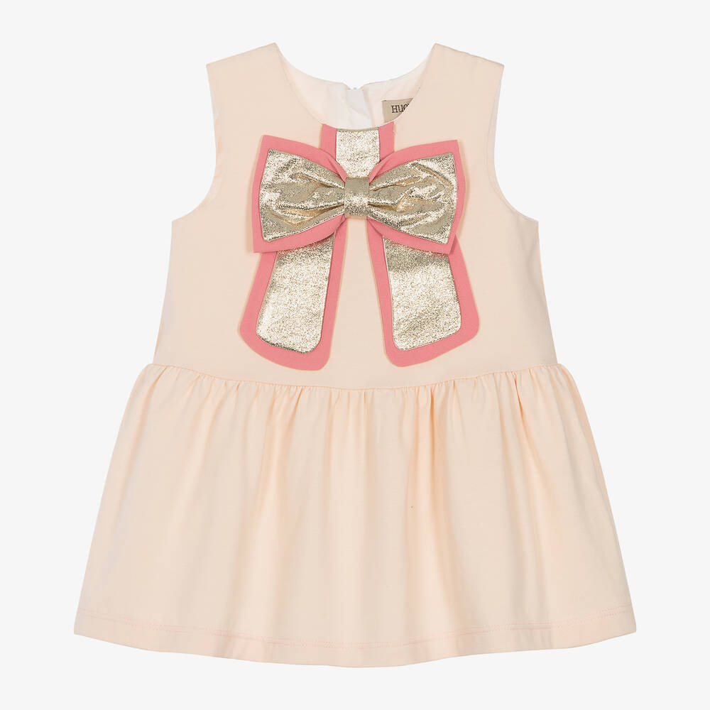 Hucklebones London - Baby Girls Pink Bow Cotton & Modal Dress | Childrensalon