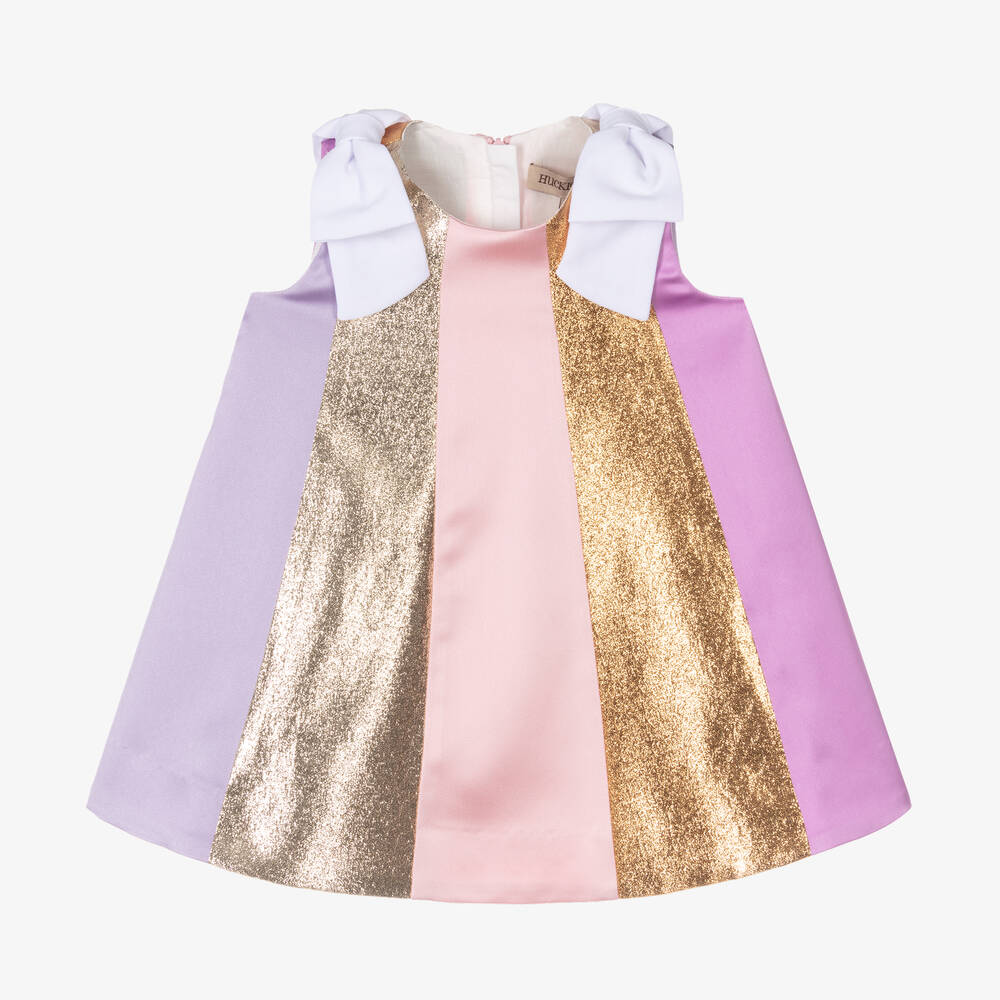 Hucklebones London -  فستان مقلم لون بنفسجي وميتاليك للمولودات | Childrensalon