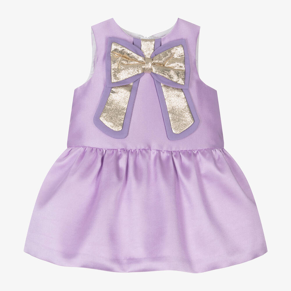 Hucklebones London - Baby Girls Purple Satin Bow Dress | Childrensalon