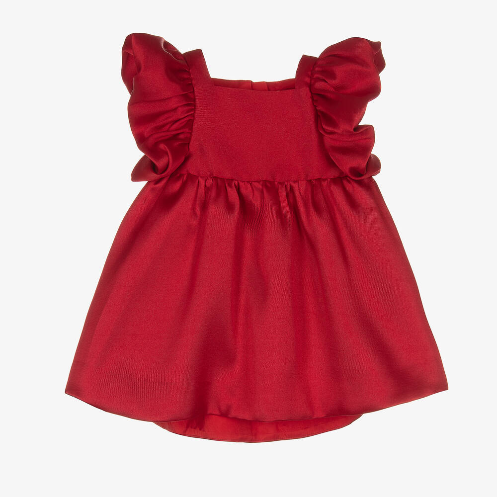 Hucklebones London - Baby Girls Red Satin Twisted Sleeve Dress | Childrensalon