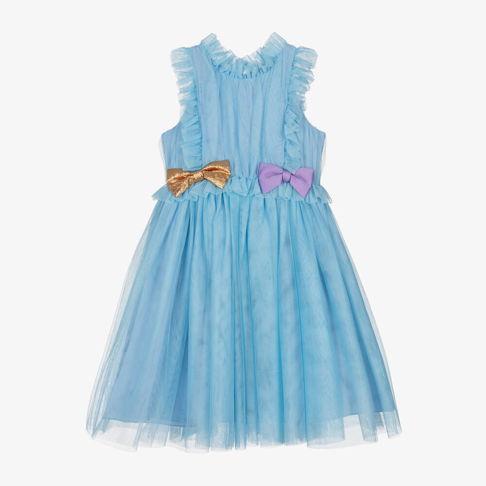 Hucklebones London -  فستان تول مزين بفيونكة لون أزرق  | Childrensalon