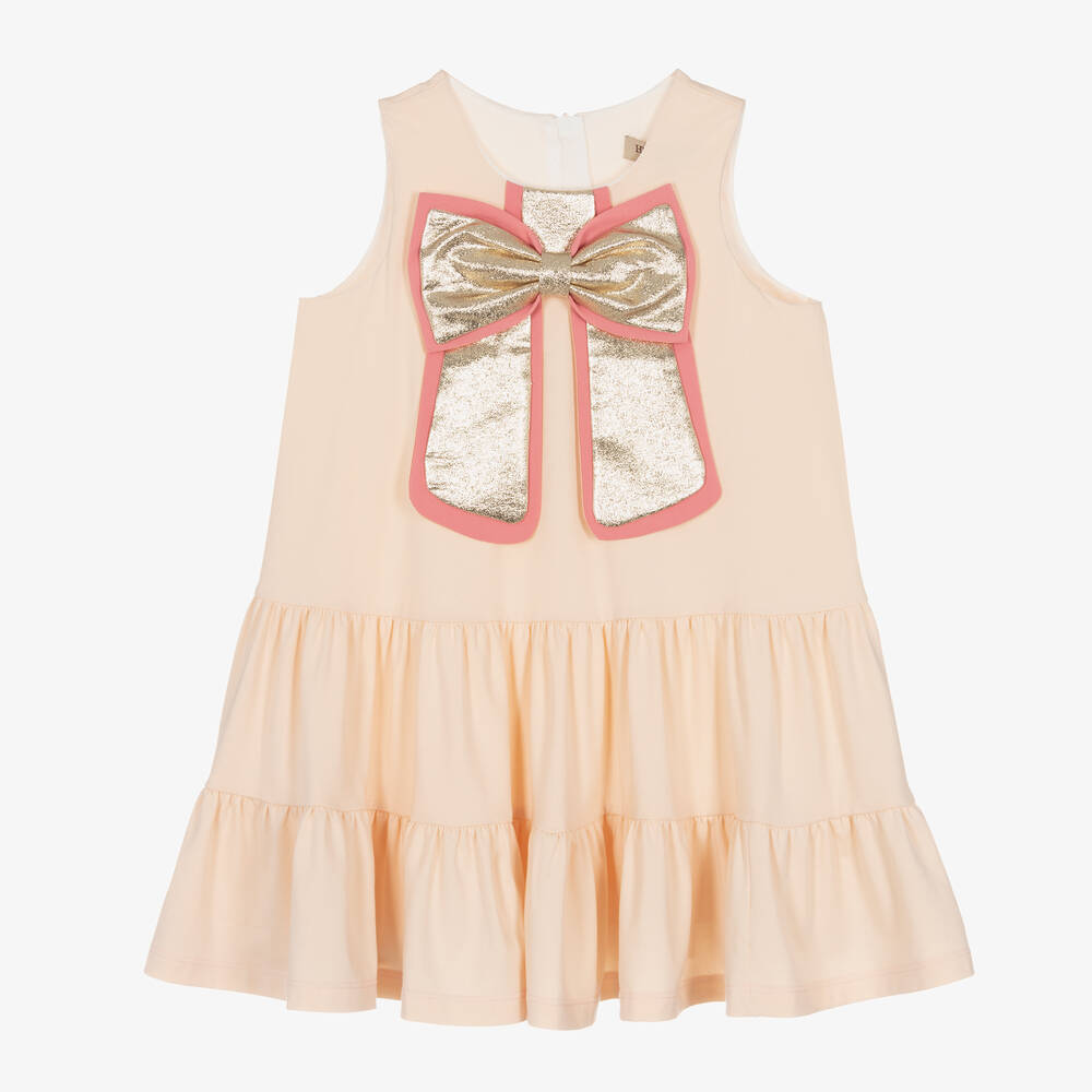 Hucklebones London - Girls Blush Pink Bow Cotton & Modal Dress | Childrensalon