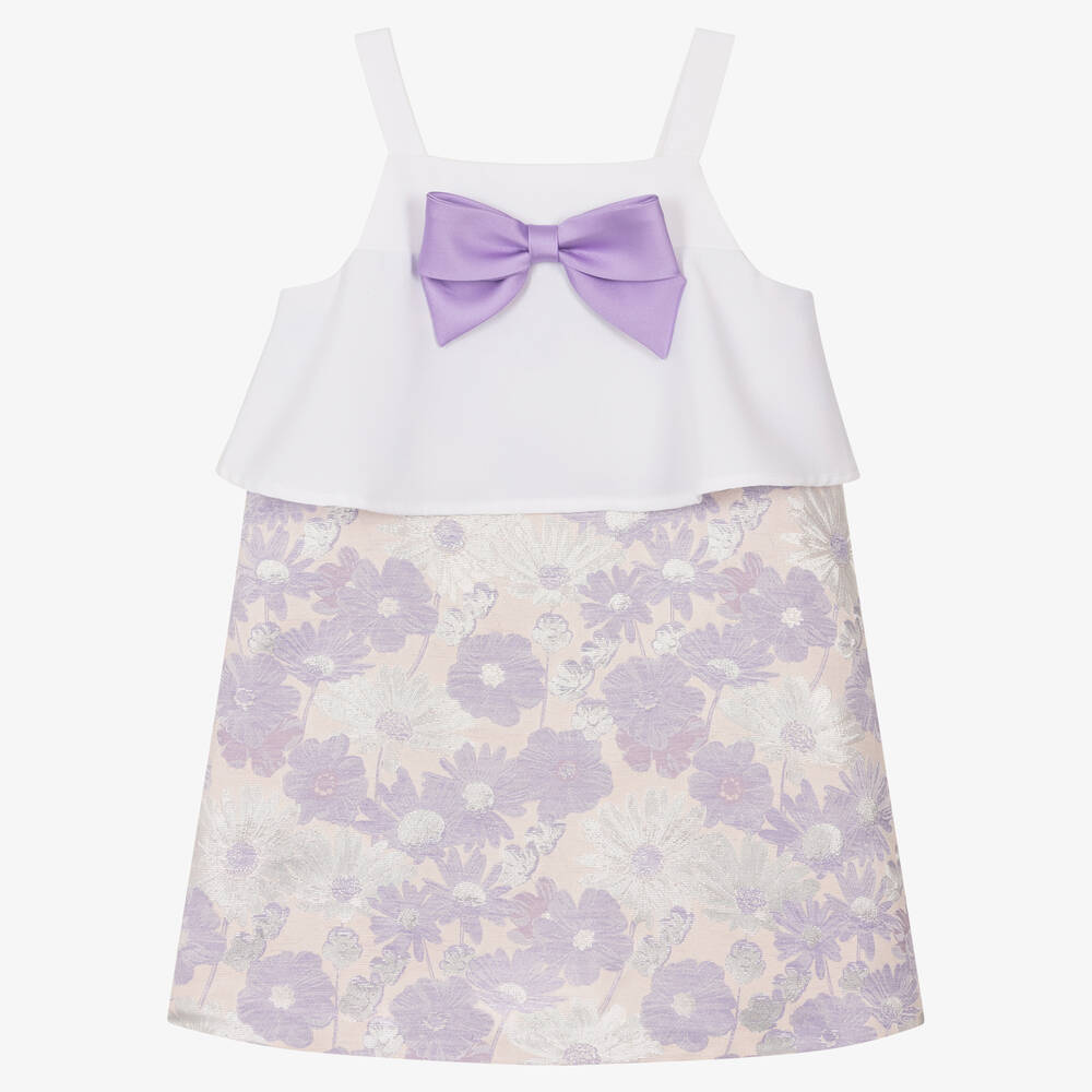 Hucklebones London - Girls Lilac Floral Jacquard Dress | Childrensalon