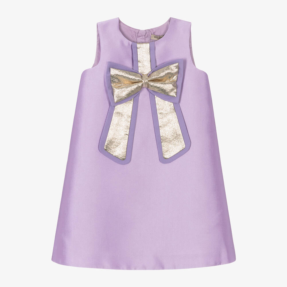 Hucklebones London - Girls Lilac Purple & Gold Bow Dress | Childrensalon