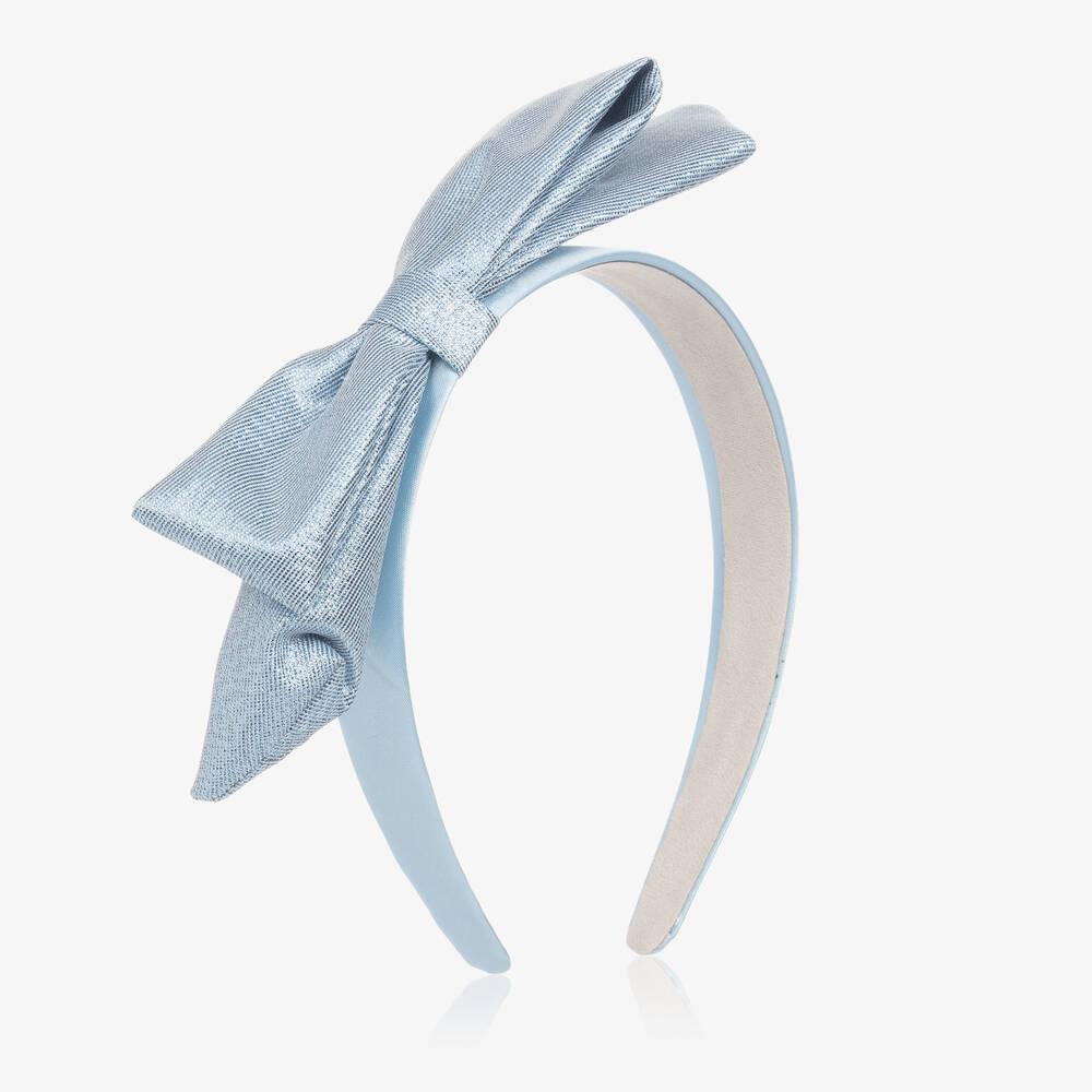 Hucklebones London - Girls Metallic Blue Bow Satin Hairband | Childrensalon