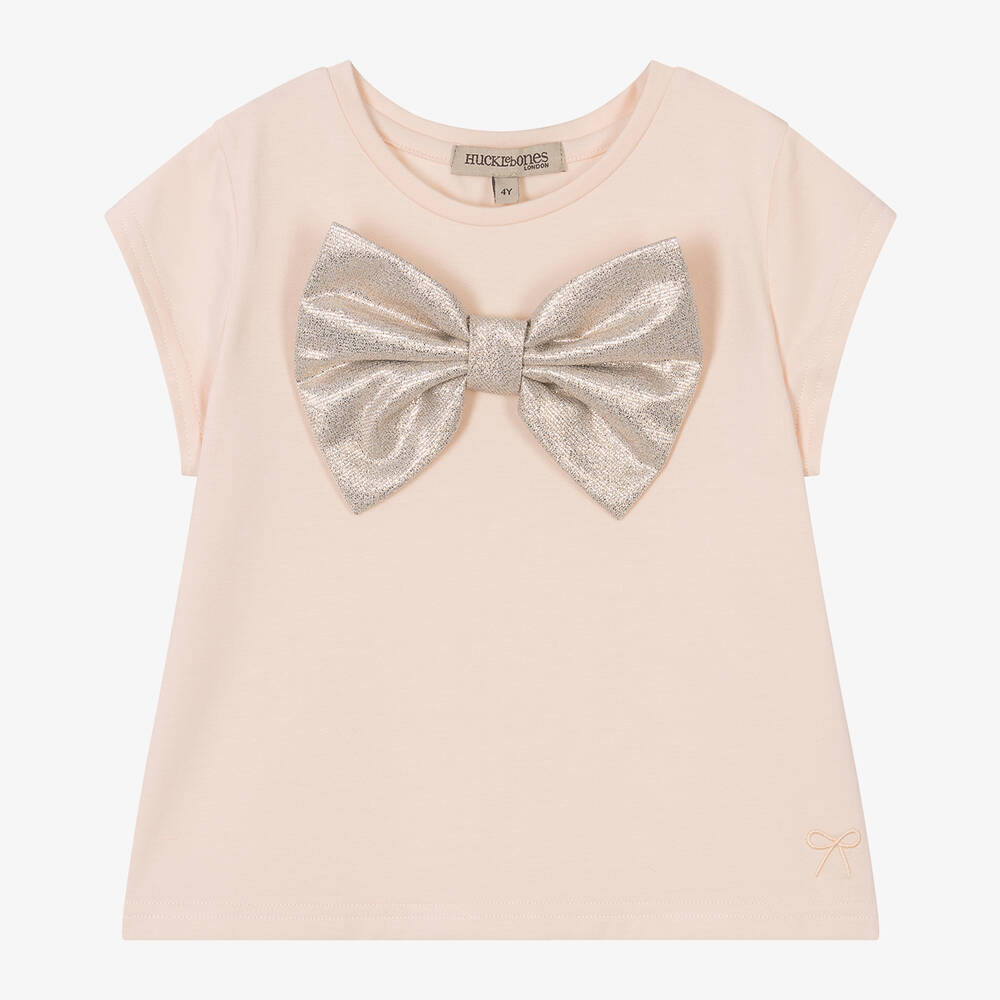 Hucklebones London - Girls Pink Cotton & Modal Bow T-Shirt | Childrensalon